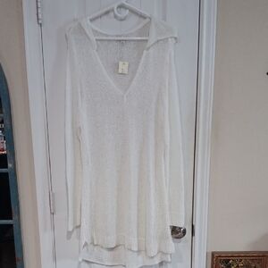 Elegant White V-Neck Hooded Loose Knit Sweater